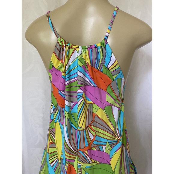 Trina Turk Tunic Dress Deco Palm Floral Green Spaghetti Strap Pocket Cov… - Picture 4 of 6